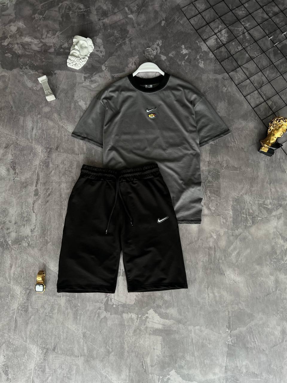 Костюм чоловічий літній сіра футболка та чорні шорти фірмовий Nike (Найк), фото 1