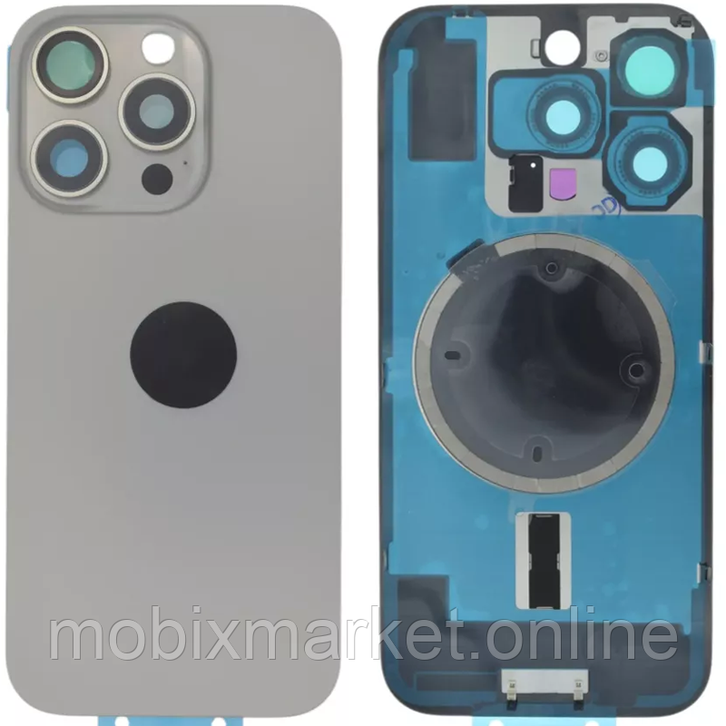 Задня кришка (скло) iPhone 16 Pro Max natural titanium (оригінал завод) у зборі на рамці