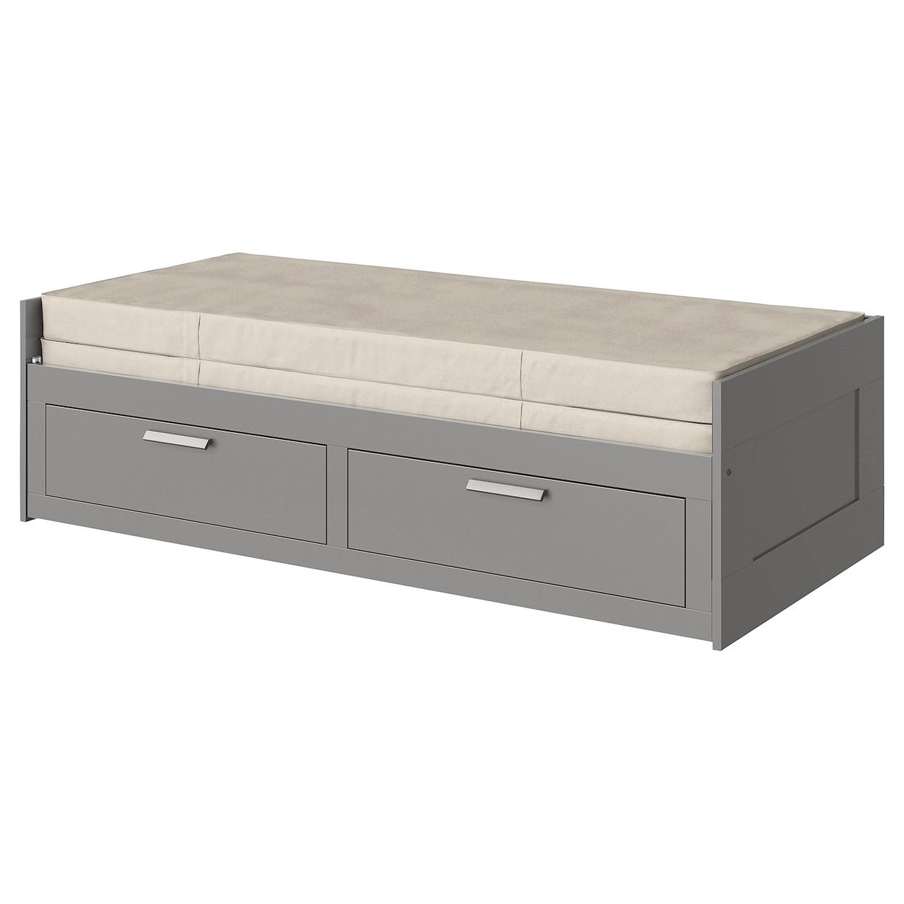 BRIMNES Кушетка з 2 ящиками, 2 матрацами - сірий/Vannareid жорсткий 80x200 см IKEA 395.900.16