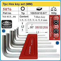 Набір ключів шестигранних (HEX) Г-подібних 7 од. (1.5-6 мм) Force 5076 F, фото 5