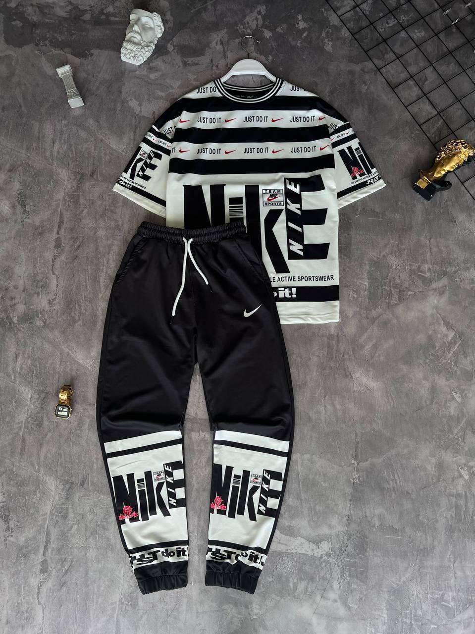 Костюм чоловічий біла футболка та чорні штани молодіжний фірмовий Nike (Найк), фото 1