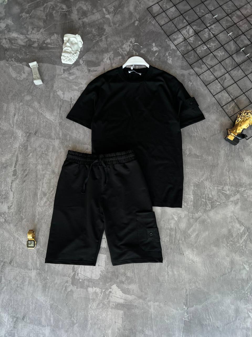 Костюм чоловічий літній чорний футболка та шорти фірмовий Stone Island (Стон Айленд), фото 1