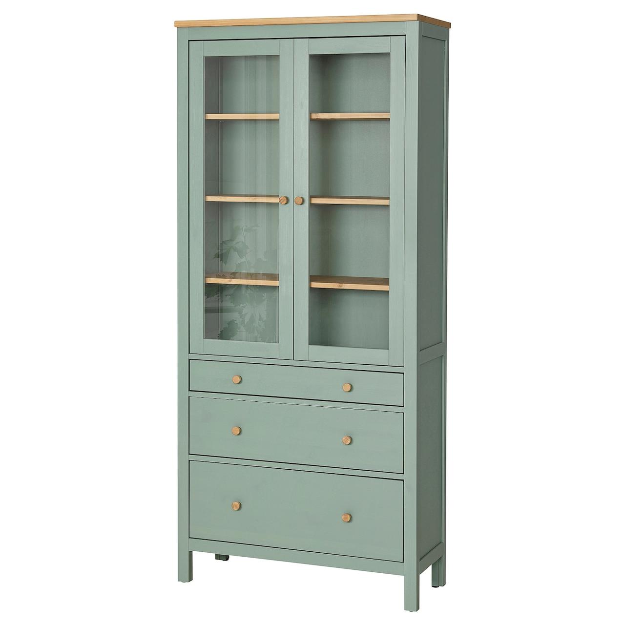 HEMNES Шафа-вітрина з 3 ящиками - сіро-зелена/світло-коричнева морилка 90x197 см IKEA 005.961.61, фото 1
