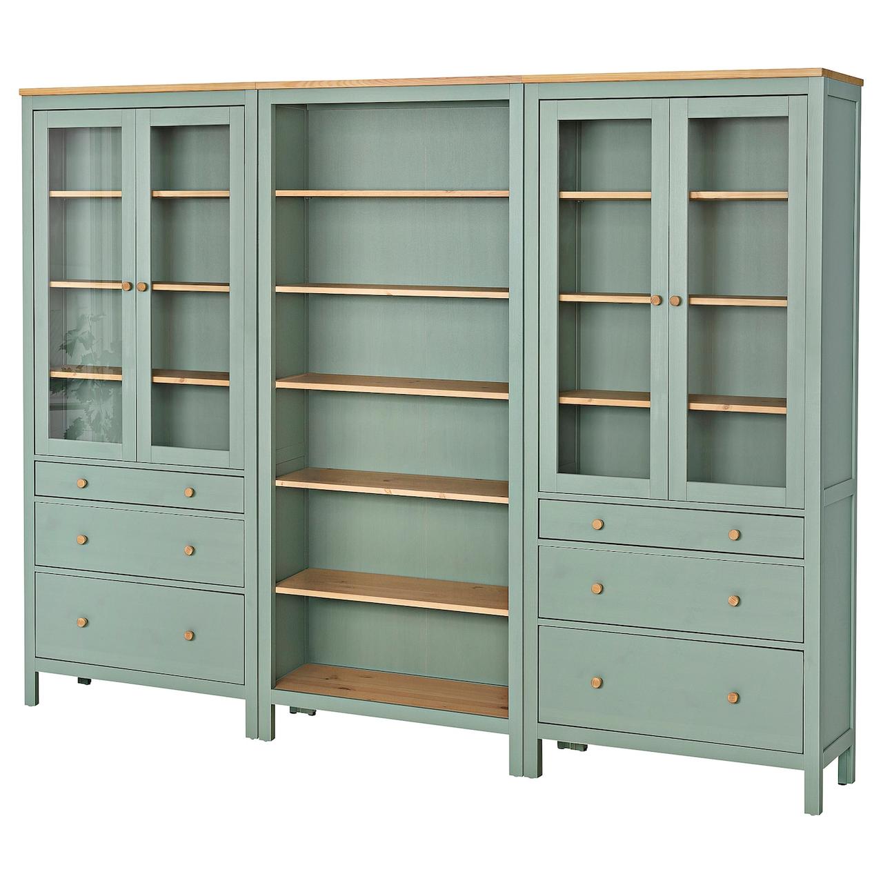 HEMNES Комбінація полиці з дверцятами/шухлядами - сіро-зелена/світло-коричнева морилка 270x197 см IKEA 395.910.68, фото 1