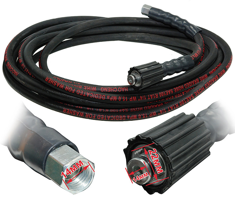 Шланг високого тиску автомийки 8м чорний d14 різьблення М22/М14, 15MPa/150bar