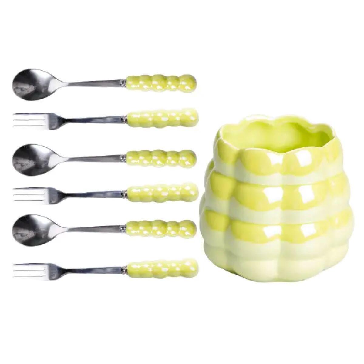 Набір десертних виделок і ложок на 3 персони з підставкою з порцелянау 7 предметів Зелений HP-20-58, фото 1