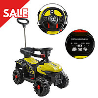 Дитяча машинка толокар електричний М-15527 2в1 Електромобіль для дітей Каталка джип з батьківською ручкою Музика, світло Жовтий