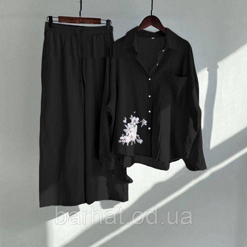 Жіночий повсякденний брючний костюм з льону сорочка і штани (Батал), фото 1