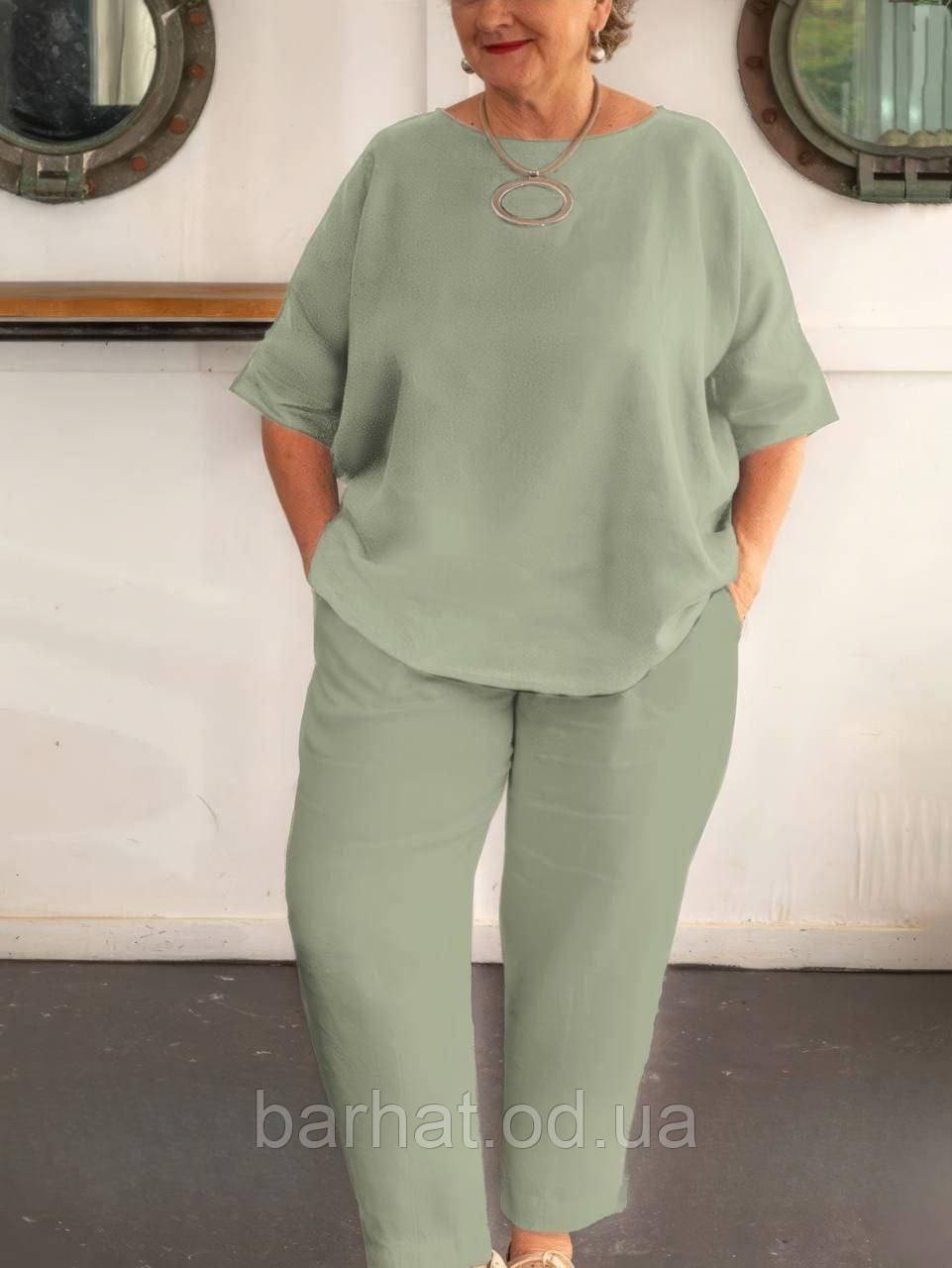 Костюм жіночий лляний блуза і брюки у кольорах (Батал), фото 1