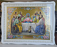 Икона Тайная Вечеря большая в белом деревянном фигурном киоте под стеклом, размер 77*61,сюжет с цветами 65*48