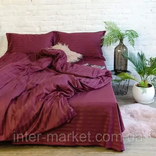 Полуторний комплект постільної білизни Страйп Сатин LUX 150*200 Бордо