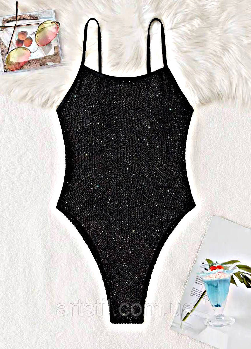 Чорний купальник з блискітками, чорний блискучий злитий купальник "Galaxy"