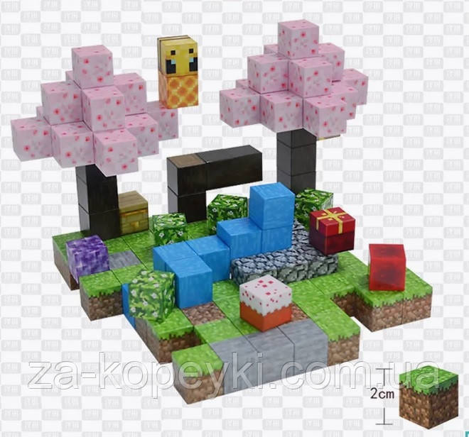 Магнітний конструктор Minecraft Вечірка під сакурою 128шт + 4 фігурки Майнкрафт Дитячий конструктор на магнітах