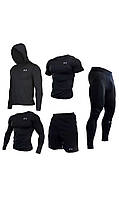 Спортивний набір одягу для чоловіків Ander Armour, чорний колір(куртка, футболка,рашгард,шорти і лосини)