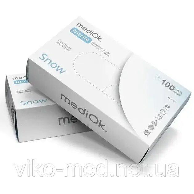 Рукавички нітрилові без пудри, текстурированые Nitrile Snow (уп 50 пар) р. ХL, білі, 3,5 гр, Медіок, фото 1