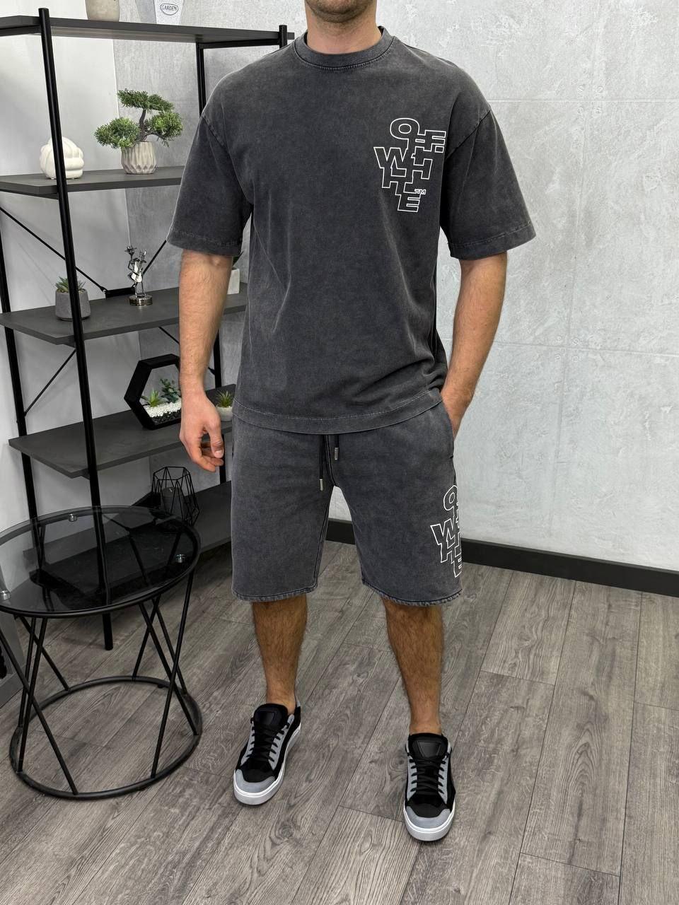 Чоловічий літній костюм Off White футболка та шорти H5188 сірий вареняти, фото 1
