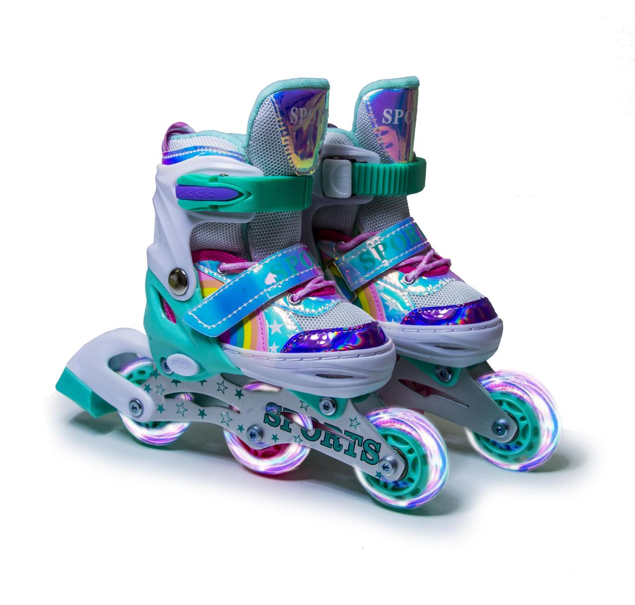 Дитячі розсувні ролики Rainbow Scale Sports бірюзові, розмір 26-29. Всі колеса світяться