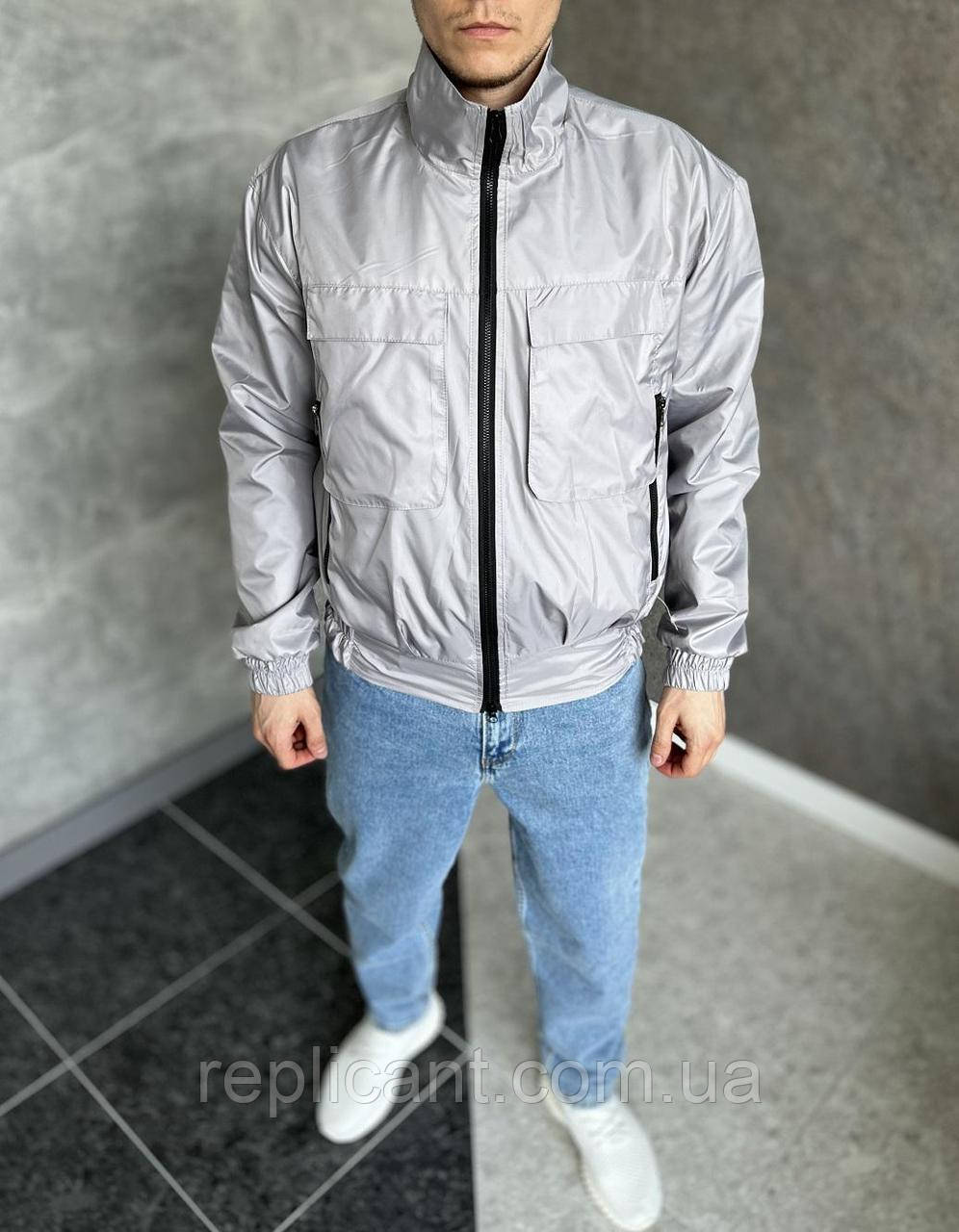 Чоловіча сіра вітровка з кишенями на грудях ветровка мужская легкая куртка на весну-лето, фото 1