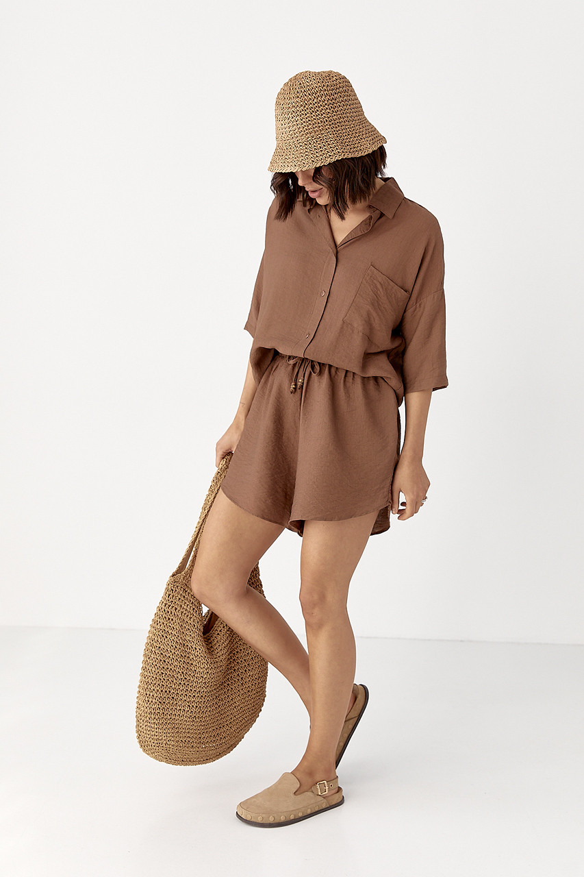 Літній костюм із сорочкою на ґудзиках і шортами — коричневий колір, M (є розміри), фото 1