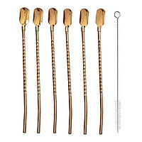 Набір багаторазових ложок-трубочок 6 шт для напоїв 22 см зі щіткою для миття з нержавіючої сталі Бронзовий HP-20-20