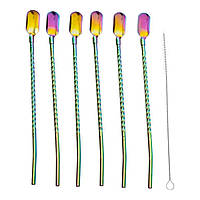 Набір багаторазових ложок-трубочок 6 шт для напоїв 22 см зі щіткою для миття з нержавіючої сталі Хамелеон HP-20-21