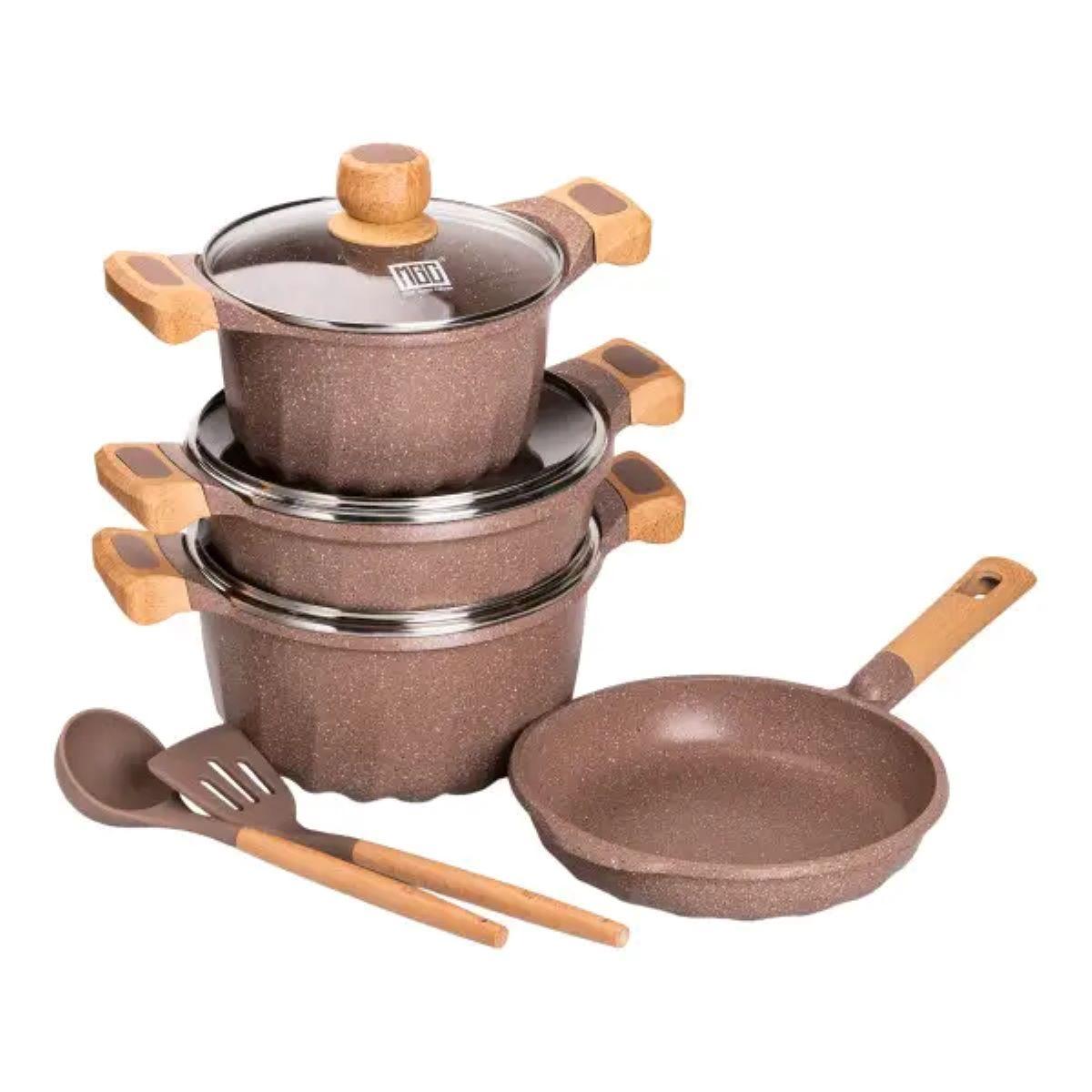 Набір посуду, 3 каструлі, товстодонне алюмінієве дно MGC з лопаткою та ополоником, кавовий HP-4-401CO, фото 1