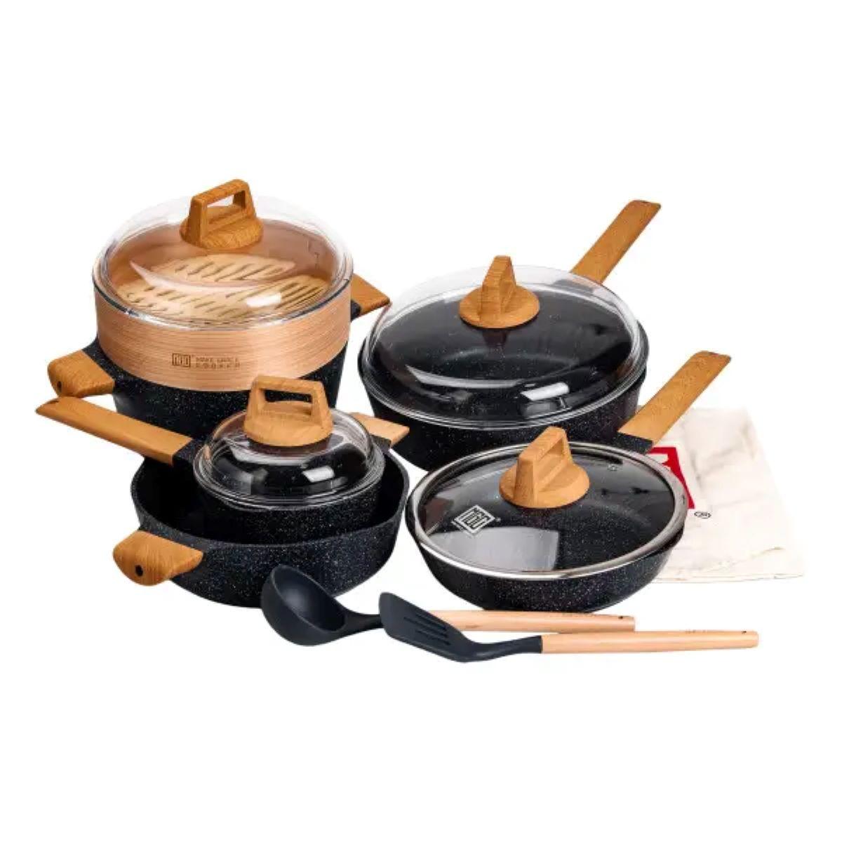 Набір посуду MGC 2 каструлі, 2 сковороди, сотейник, пароварка, ополоник, лопатка, фартух HP-4-412BL, фото 1