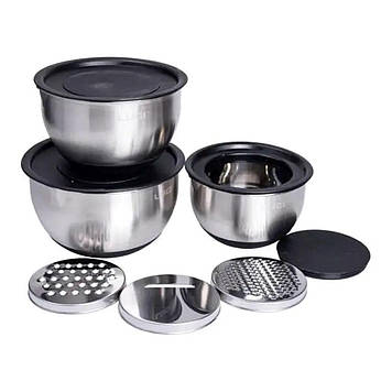 Набір мисок з нержавіючої сталі з кришками і терками салатники з нержавійки 3 штуки 2.5 л/2 л/1.5 л LG-02/3PCS