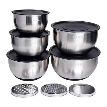 Набір мисок з нержавіючої сталі 5 штук з кришками і терками салатники з нержавійки 5/4/ 2.5/2/1.5 л LG-01/5PCS
