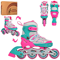 ХІТ! Ролики розовые Profi A 4148-XS-PBL детские от 5 лет размеры 27-30 для девочки с мягкой подкладкой