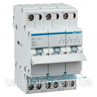Перемикач I-0-II із загальним висновком зверху 3 полюса 40А 400W SFT340 Hager, фото 1