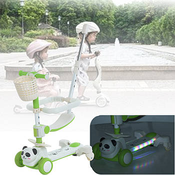 Самокат-беговел 5 в 1 з батьківською ручкою та сидінням на колесах LED-підсвічування iTrike JR3-142-GR Зелений