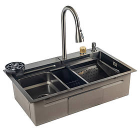 ID 7246-2BCW PROFI 720x460x215 мм, сифон. дозат. 2 кош, дошк, зміш. омив. склян. PVD DECOR Black{1/1}