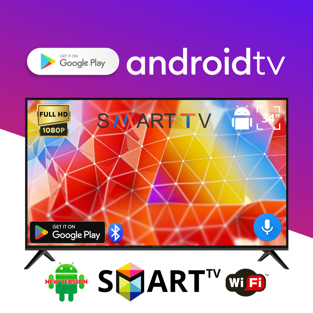 Телевізор ELENBERG 34" I Android 15.0/Smart TV/DVB/T2/FullHD/USB/ (1980x1080) блютуз + голосове управління