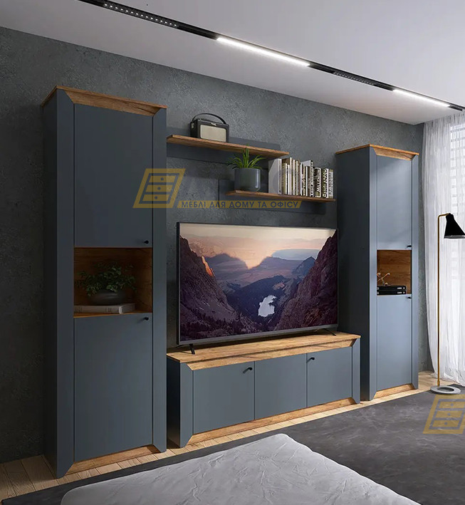 Модульна вузька сіра тв стінка під телевізор у вітальню зал в сучасному стилі Нордик 270 см, фото 1