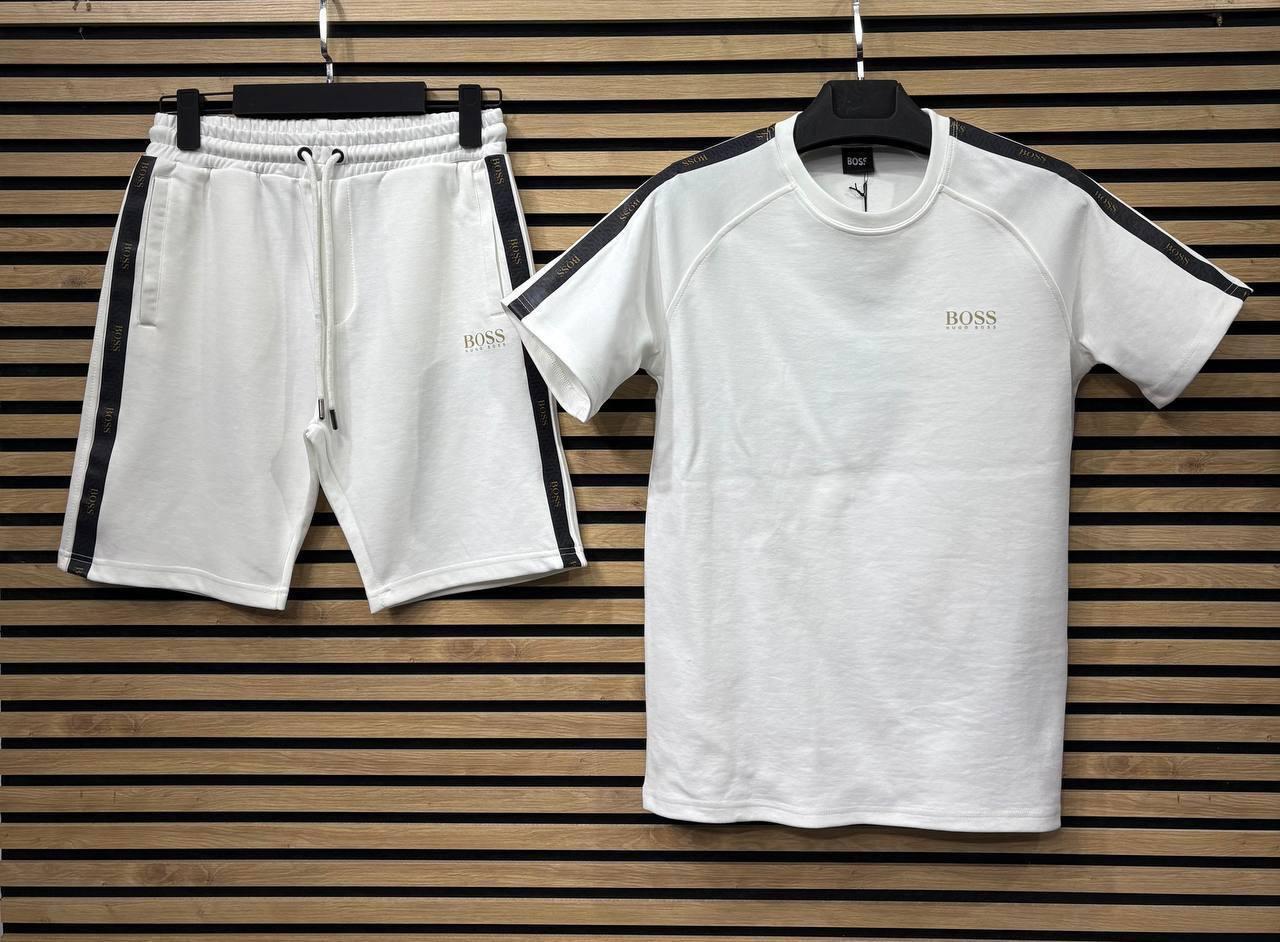 Літній чоловічий спортивний костюм футболка+шорти Hugo Boss White Чоловічий Білий комплект двунить Туреччина