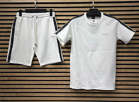 Літній чоловічий спортивний костюм футболка+шорти Hugo Boss White Чоловічий Білий комплект двунить Туреччина, фото 1