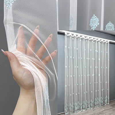 Готова тюль (2,5х2,3м.) "Грек-сітка" з вишивкою та люрексом. Колір молочний з бірюзовим. Код 1658т 40-462