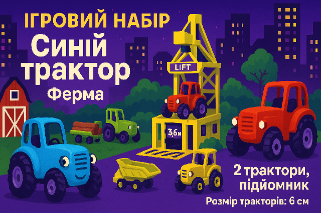 Ігровий набір Синій трактор Ферма для дітей, 2 трактори (6 см), підйомник NF2024-13