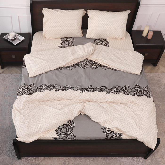 Бежевий євро максі комплект постільної білизни з абстрактним принтом 200*220 бавовняний із Бязі Gold, Черешенька™