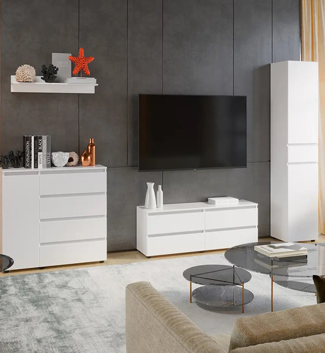 Сучасна вузька модульна біла стінка під телевізор у вітальню, зал з комодом мінімалізм Лайт, фото 1