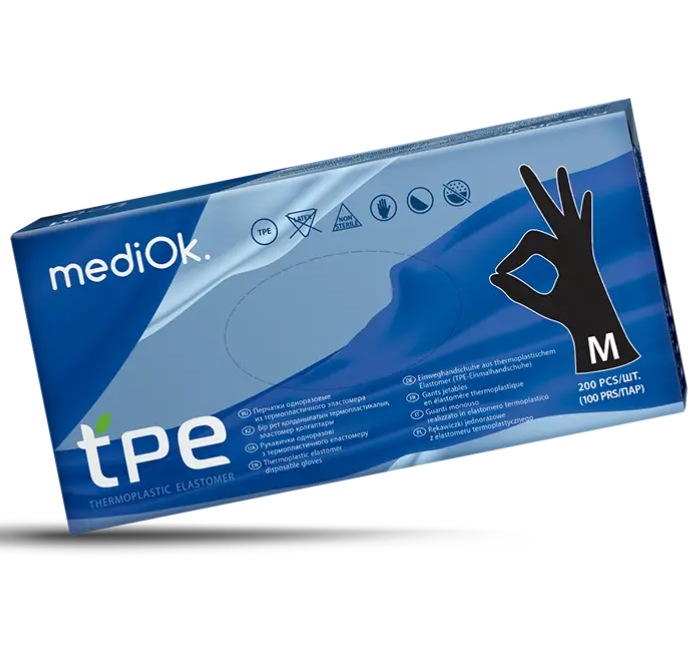 Рукавички одноразові ТПЕ, р. S 200 шт/уп, чорні Mediok, фото 1