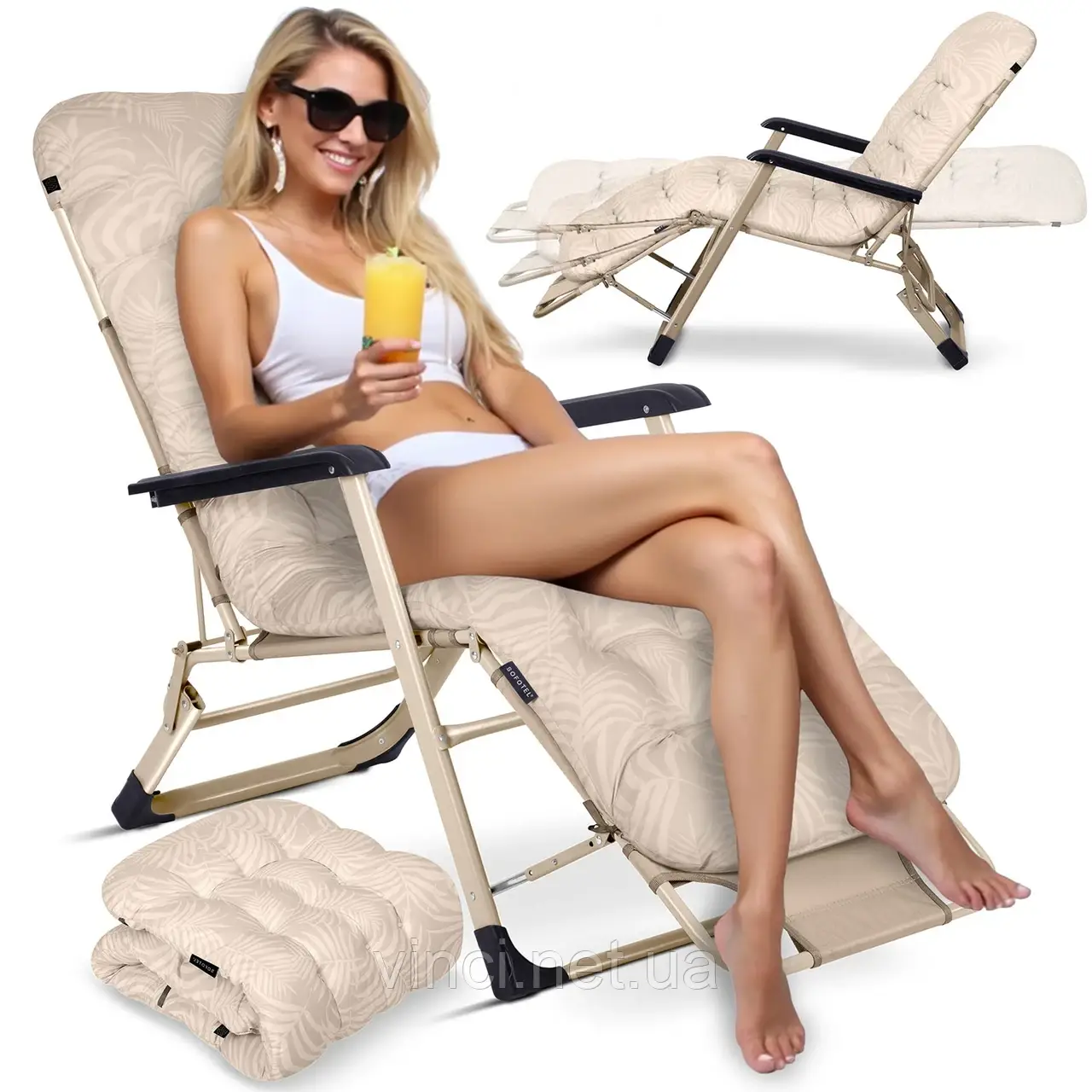 Шезлонг садовий + МАТРАЦ і підголівник ChillWell Luxury бежевий 286404 Розкладне крісло Лежак до 120кг, фото 1
