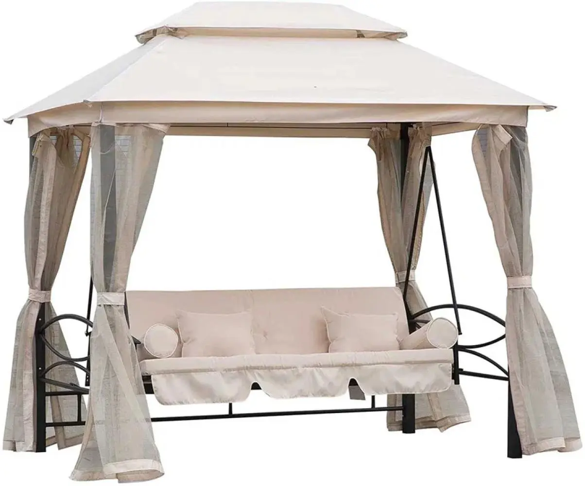 Гойдалки садові з москітною сіткою чотиримісні для відпочинку + подушки та навіс Бонро JD3060 бежевий, фото 1