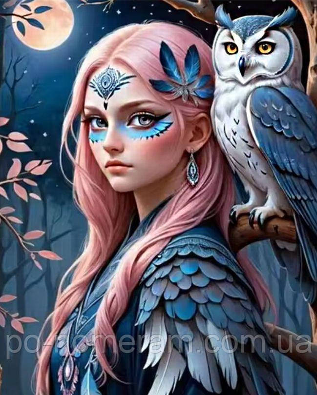 Картина зі страз My Art Дівчина сова з голограмовими стразами (MRT-TNG1727) 40 х 50 см (На підрамнику), фото 1
