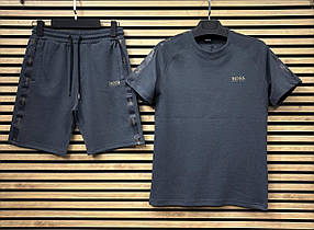 Літній чоловічий спортивний костюм футболка+шорти Hugo Boss Dark Blue Чоловічий Синій комплект двунить Туреччина