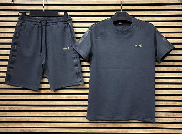 Літній чоловічий спортивний костюм футболка+шорти Hugo Boss Dark Blue Чоловічий Синій комплект двунить Туреччина, фото 1