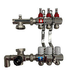 Колектор для теплої підлоги Polmark 3 контури (Латунь) у зборі з триходовим клапаном нижнє підключення Польща