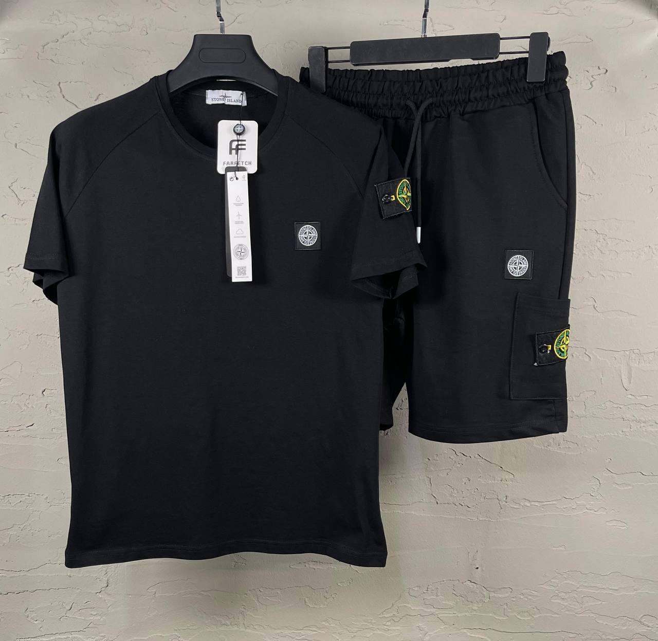 Чоловічий літній костюм футболка і шорти Stone Island All Black Чоловічий комплект чорний Стон Айленд