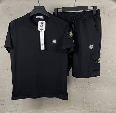 Чоловічий літній костюм футболка і шорти Stone Island All Black Чоловічий комплект чорний Стон Айленд, фото 1